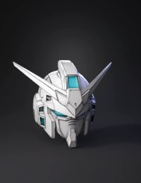 3d model: angular mech head with helmet components cyan highlights white and g