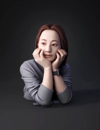 3d model: young woman resting chin on hands gray sweater brown hair smartwatc