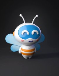 3d model: bee character with white body blue face shield orange stripes and t