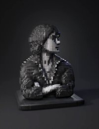 3d model: voxel bust of a person with arms crossed in a hooded garment grayscal