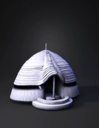 3d model: thatched hut with rounded beehive shape arched entrance brown straw