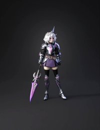 3d model: armored knight girl in silver armor with purple accents wielding a pu