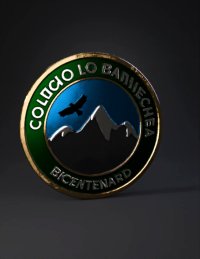 3d model: medallion badge with mountains and bird green rim gold edge Bicente