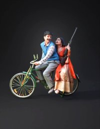 3d model: bicycle with two riders man in blue vest and woman in red sari holdin