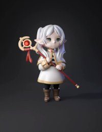 3d model: elf mage chibi figure with white and gold robes green eyes holding o