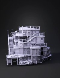 3d model: three story industrial building with external staircases balconies a