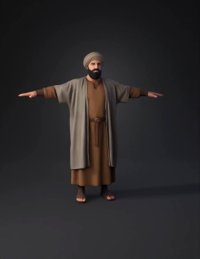 3d model: man in brown robe with grey outer cloak turban sandals full body T