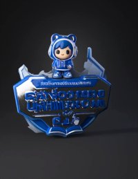 3d model: blue cartoon mascot on a circular badge with Thai text and educational