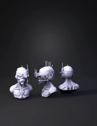 3d model: alien cyborg bust with futuristic headgear and back mounted rig gray