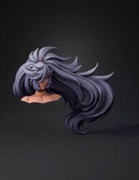 3d model: bust of a female character with voluminous dark gray purple hair