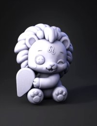 3d model: lion cub character with brown mane beige body winking eye holding r