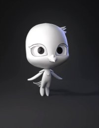 3d model: cute bird character with large eyes small beak and simple body silho
