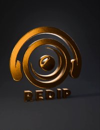3d model: gold metallic Reddit logo emblem with circular ring design on black ba