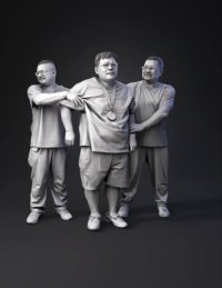 3d model: three men standing together with arms linked gray scale sculpture lik