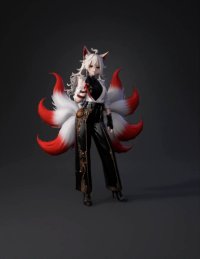 3d model: anthropomorphic fox girl with white fur and red tipped tails wearing