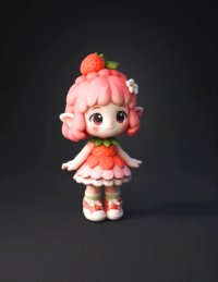 3d model: pink strawberry themed chibi character toy with dress petals and straw