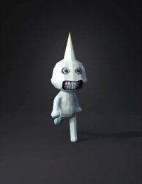 3d model: white teardrop headed creature with wide teeth pale body running in