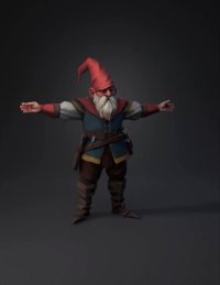 3d model: dwarf character with blue tunic purple hat beard belt and quiver