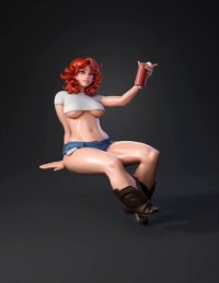 3d model: red haired female character with cropped white top and denim shorts ho