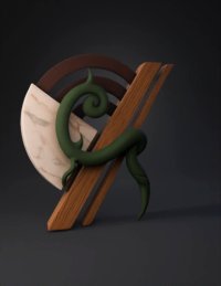3d model: green serpentine sculpture entwined with wooden slats and marble panel