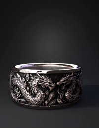 3d model: dragon ring with silver dragon and flame engravings on a textured band