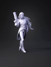 3d model: woman in red military coat with white pants and tall boots holding a