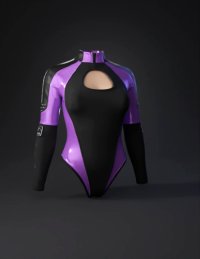 3d model: purple and black latex like long sleeve bodysuit with a cutout chest o