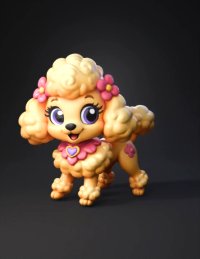 3d model: cream poodle with pink flower accessories and purple eyes on lavender