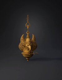 3d model: ornamental brass oil lamp with winged filigree wings and hanging chain
