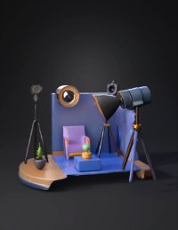 3d model: photography studio diorama with lighting rigs purple chair pedestal