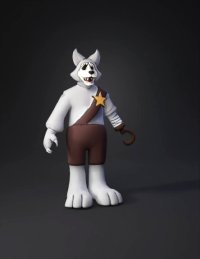 3d model: cartoon wolf character with gray fur brown shorts star badge and ho