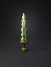 3d model: green geometric blade with brown leather grip metal guard and pommel