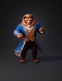 3d model: lion humanoid character in ornate blue and gold coat with white fur tr