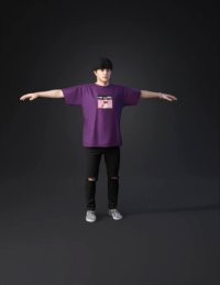 3d model: adult male figure full body purple t shirt black ripped jeans chec