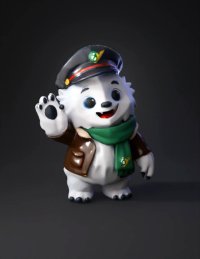 3d model: white polar bear character wearing green scarf and brown jacket wavin