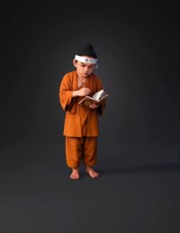 3d model: young monk in orange robe reading a book with a white headband