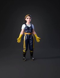3d model: female character in blue overalls with yellow gloves and boots