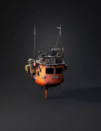 3d model: orange rusted ship hull with deck machinery antennas and crates sty
