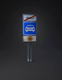 3d model: blue traffic sign with car icon and yellow M plaque mounted on metal