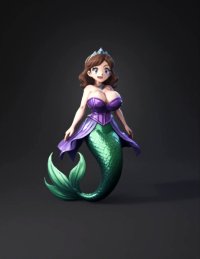 3d model: mermaid character with purple bustier green scaled tail and underwat