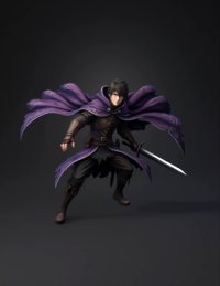 3d model: fantasy swordsman character with purple cape armor and sword