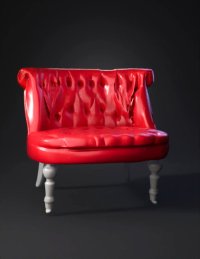 3d model: pink tufted chair with dark wood legs and velvet texture