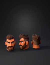 3d model: three quarter and profile views of a stylized bearded male head with b