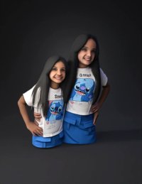 3d model: two girls wearing Stitch t shirts and blue cargo shorts