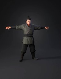 3d model: stylized martial artist figure in traditional robe with obi belt tan