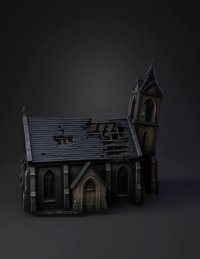 3d model: ruined gothic church with collapsed roof and bell tower stone walls