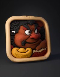 3d model: angry goblin head in ornate frame with brown skin black hair and must