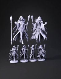 3d model: dark fantasy sorceress with fiery staff in ornate red armor and flowin