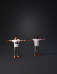 3d model: boy wearing white graphic t shirt gray joggers and orange socks sta