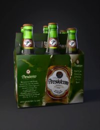 3d model: green glass beer bottles in a cardboard six pack Presidente beer bran